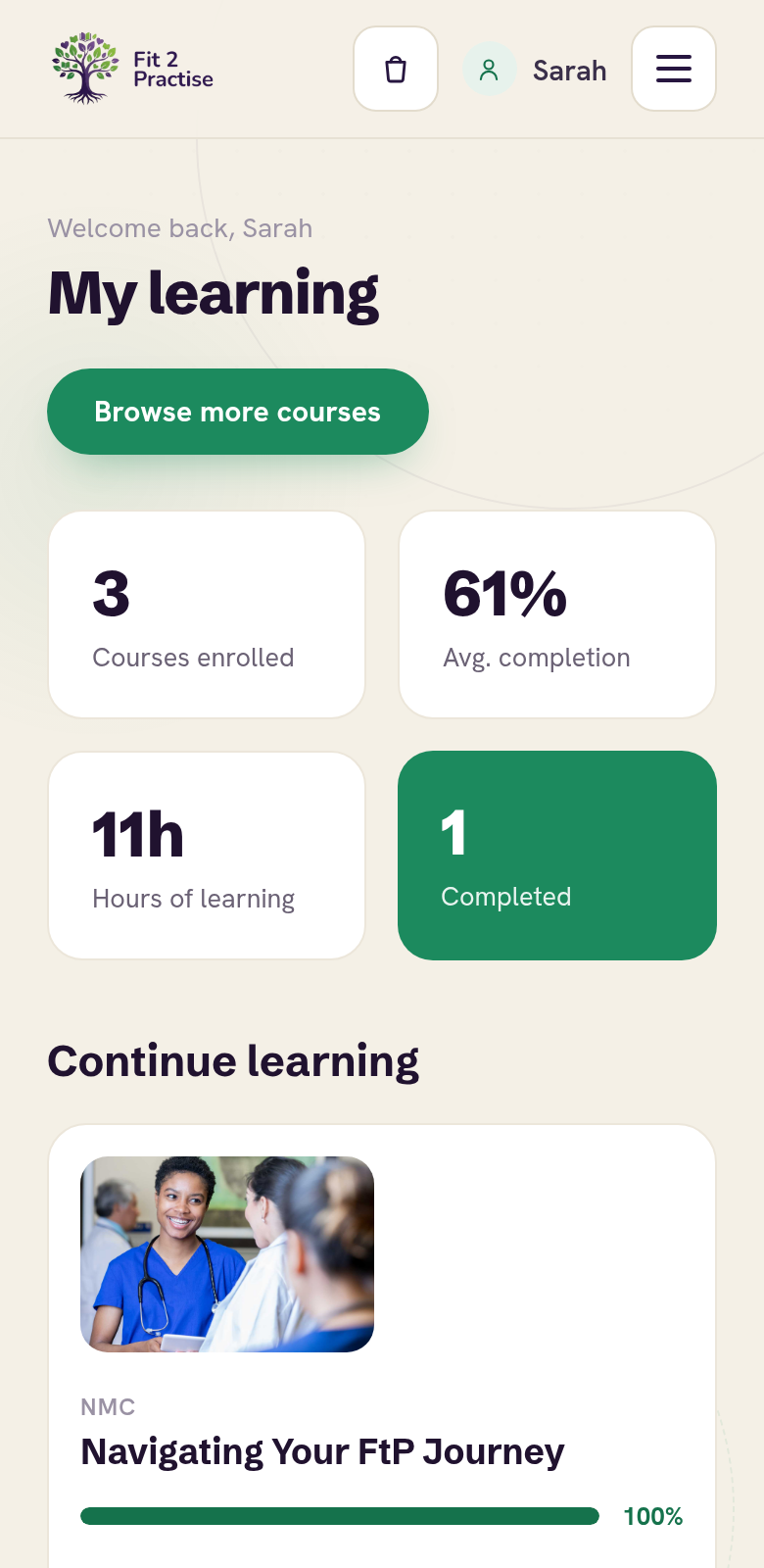 The Fit 2 Practise course hub on a phone